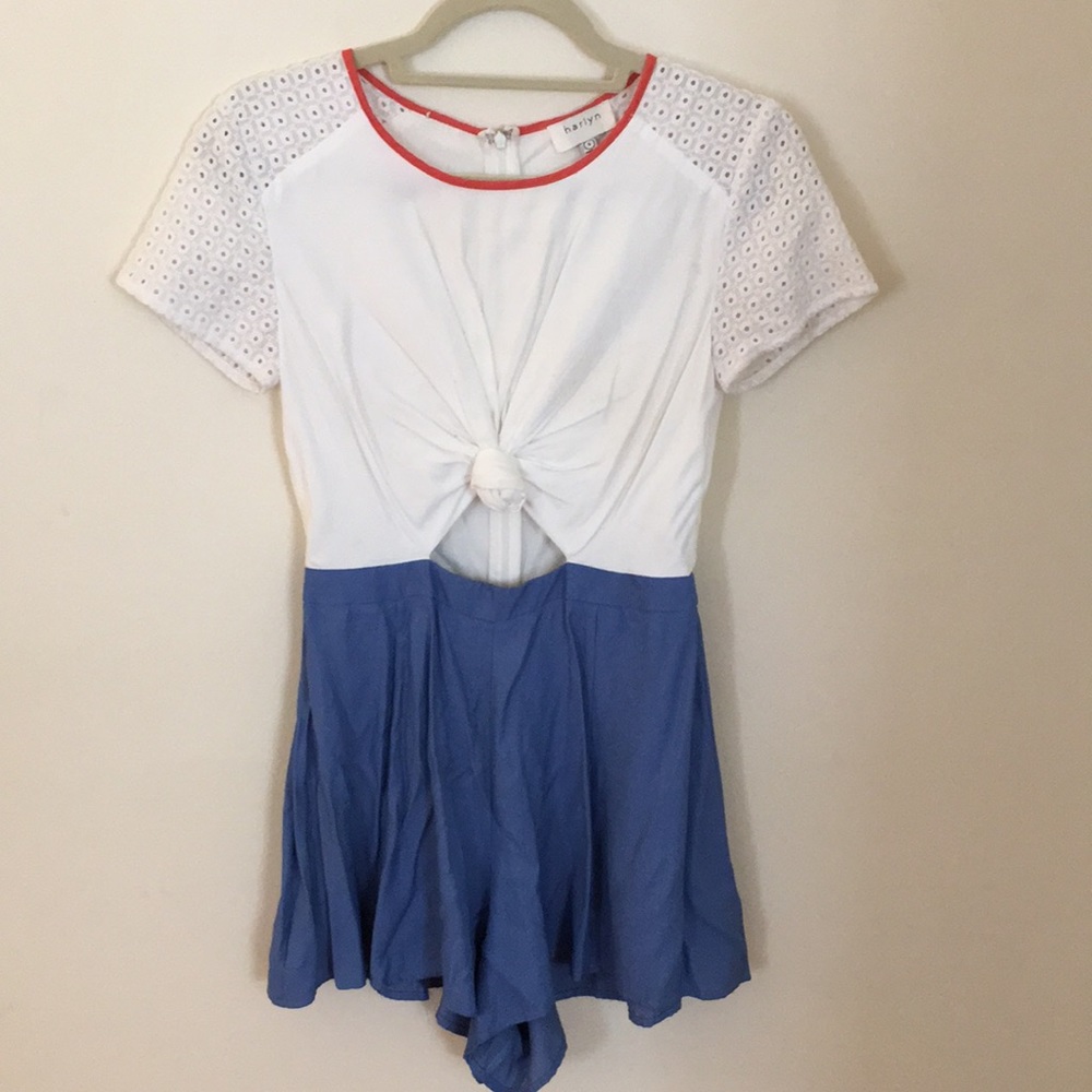 White and blue tie romper